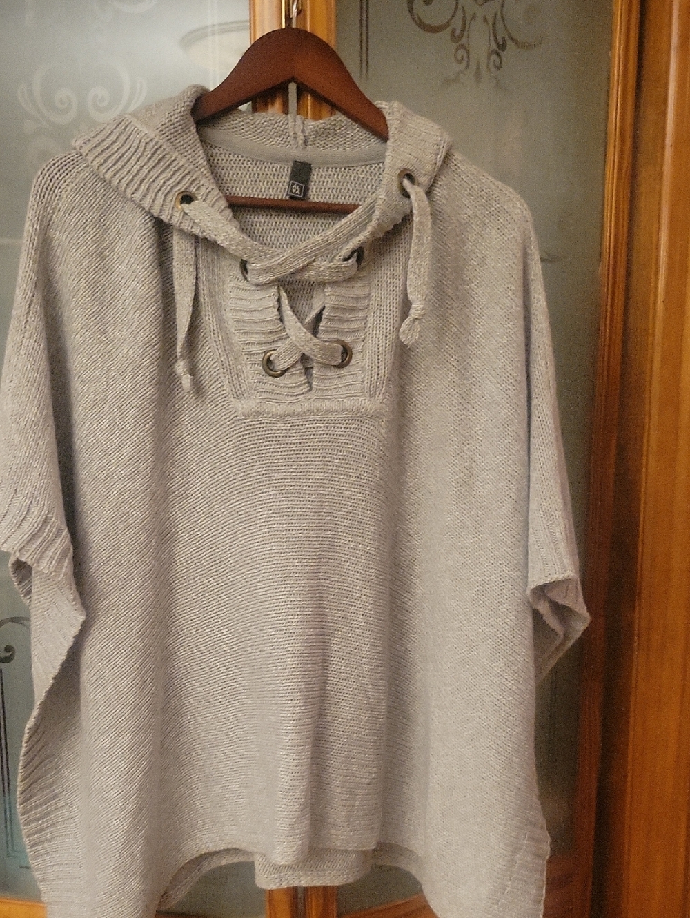 Light Gray Knit Hooded Poncho with Lace-Up Neck Worn Once 28 Inches Long